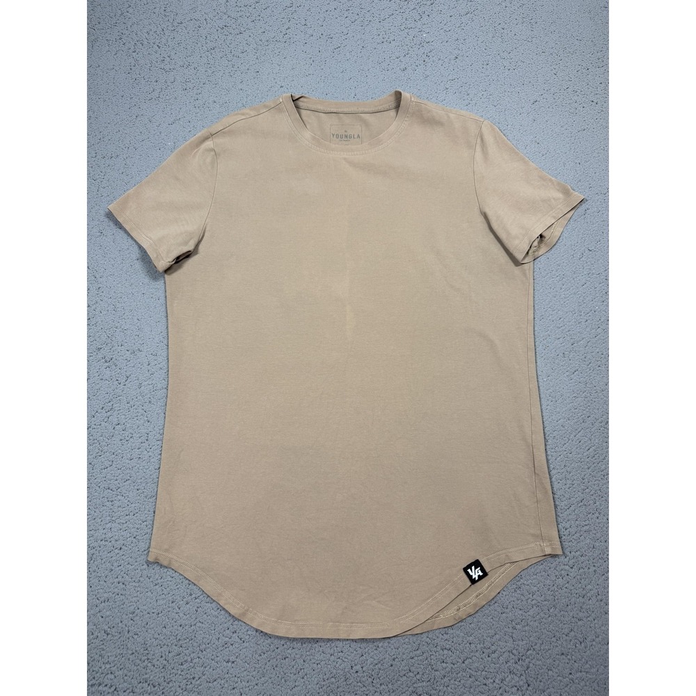 YoungLA Shirt Mens Large Beige Curved Hem Stretch Tagless Crewneck Tee Casual